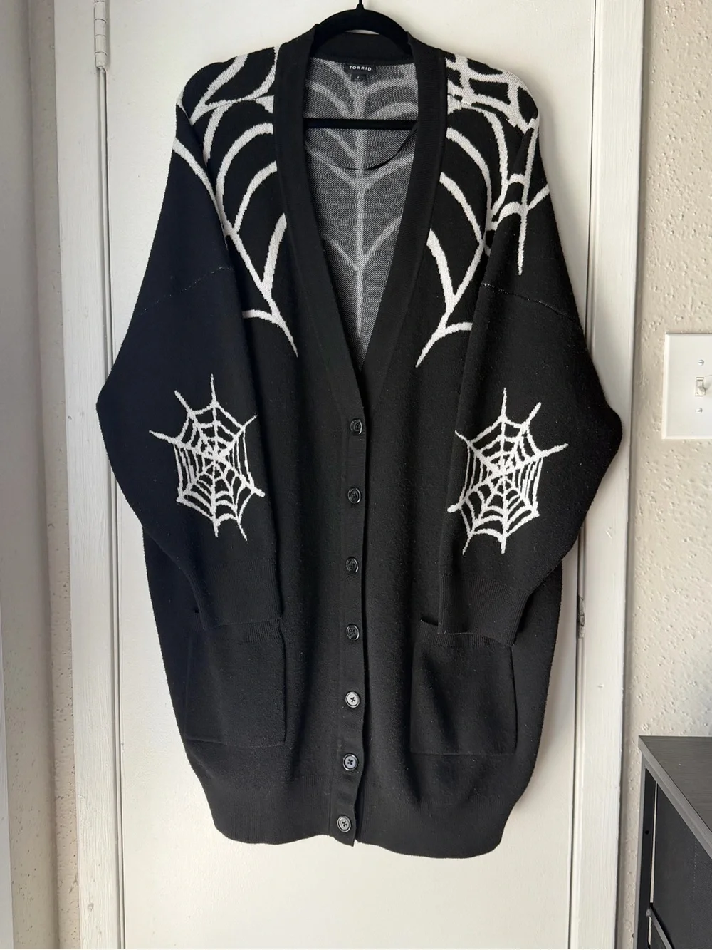 torrid Black Cardigan with White Spiderweb Intarsia